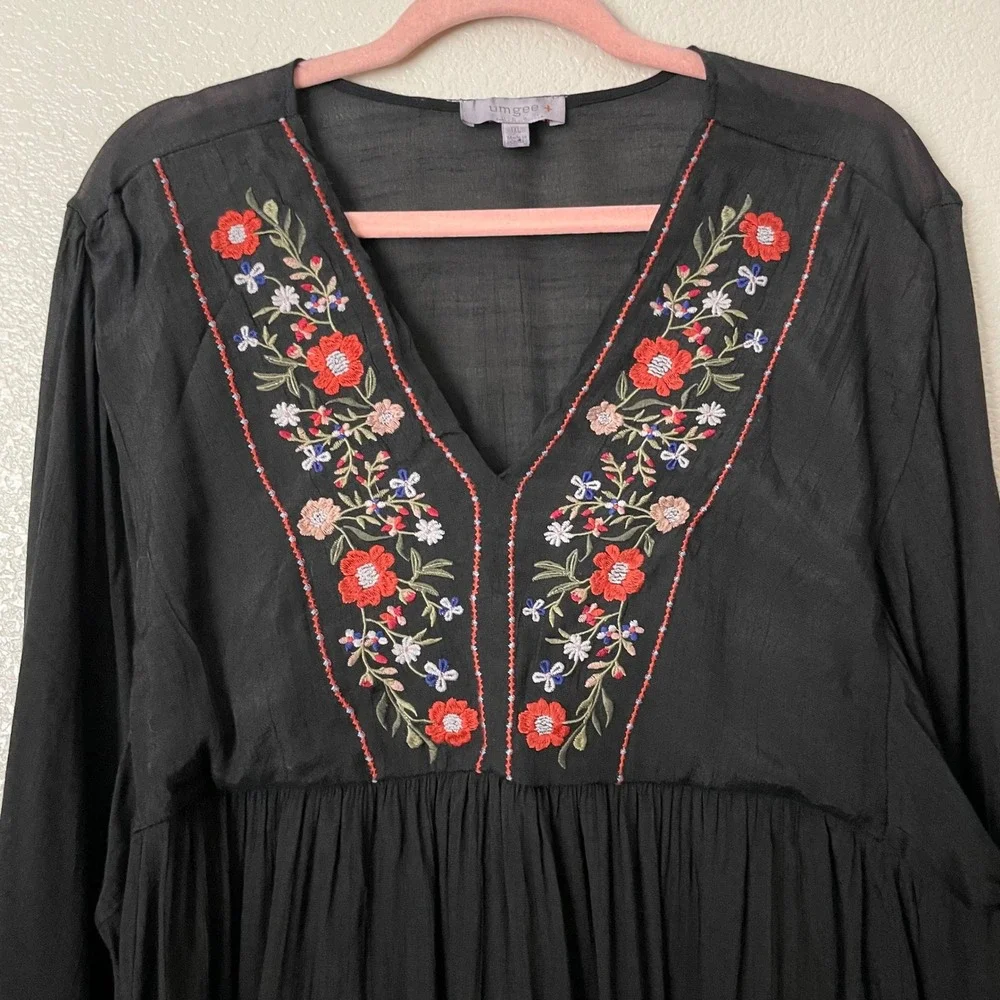 Umgee Top Womens 1XL Black Floral Embroidered Babydoll Blouse Boho Cottagecore - Picture 4 of 12